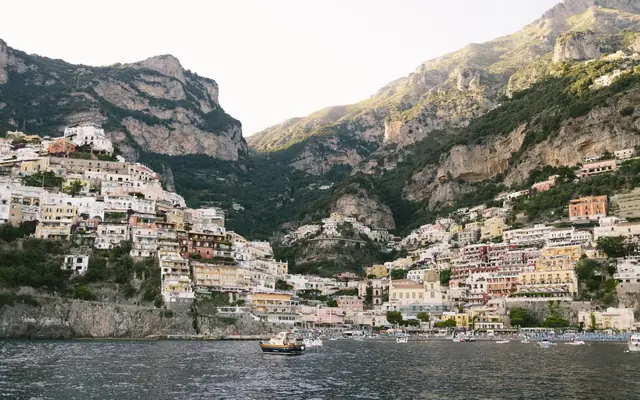 Stunning view of Positano with colorful houses on the cliff along the Amalfi Coast, Italy.
