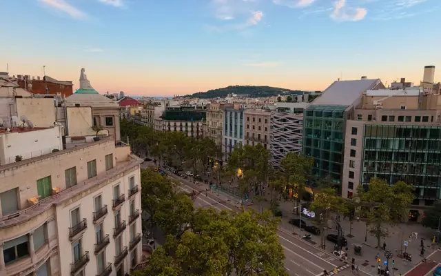 Scenic aerial view of Barcelona's streets and architecture at sunset.