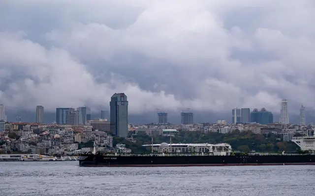 A striking view of Istanbul's skyline with a cargo ship in the foreground on a cloudy day.