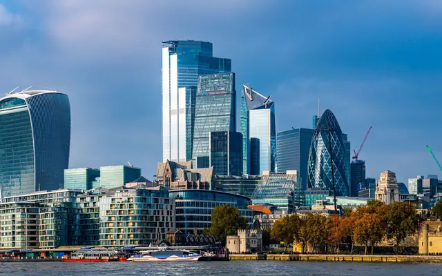 Stunning view of the London skyline featuring iconic skyscrapers along the River Thames.