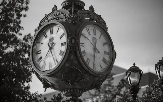 Black and white photo of the iconic Magic Corner clock near Brown Hotel in Louisville, KY.