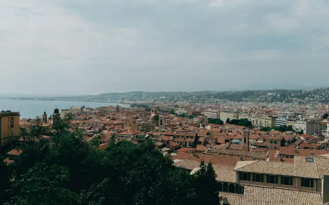 Panoramic view of Nice with Mediterranean coastline from above. Perfect summer day in Provence-Alpes-Côte d'Azur.