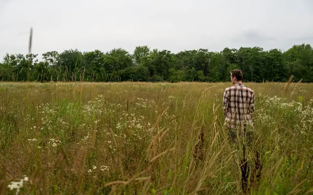A man in a plaid shirt standing in a rural field in Ottawa, Canada with wildflowers and tall grass.