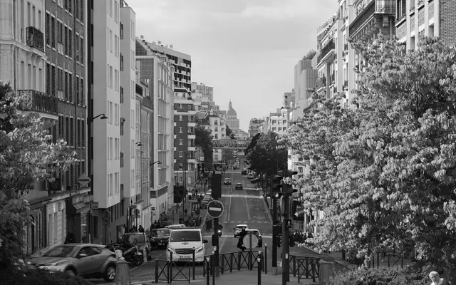 Black and white street view of Paris with iconic landmark in the distance.