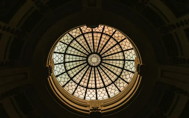 Captivating view of an intricate stained glass dome in Regina, Saskatchewan.
