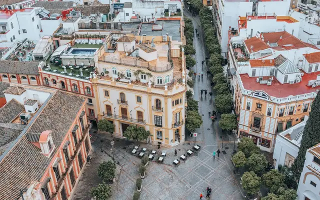 Explore the stunning aerial view of Seville's historic cityscape featuring unique architecture and vibrant streets.